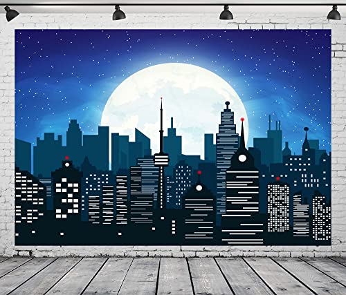 Toile de fond super-héros 9x6ft : décor nuit urbaine et lune pour fête