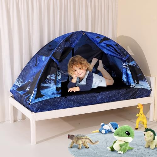 Image of Kid Bed Tent -Twin Play Tent Baby Toddlers Dream Playhouse for Bedroom Decor Indoor Games Twin Size Bed Canopy by CRAWLBO(Dinosaurs)
