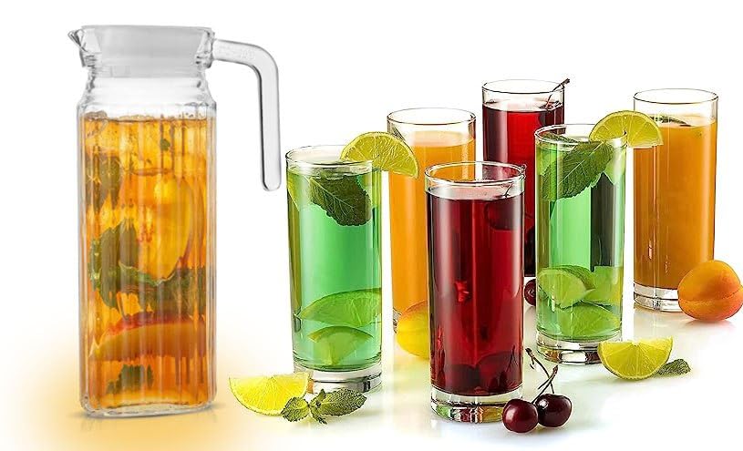 Image of Wringo Premium 7pc Crystal Water Jug with Glass Set and Jug Set Combo,Freezer Safe and Dishwasher Safe (6 Pieces Glasses 200ML and 1 Water Juice Jug 1 Liter), Transparent, Glass and Jug Set (WS-16)