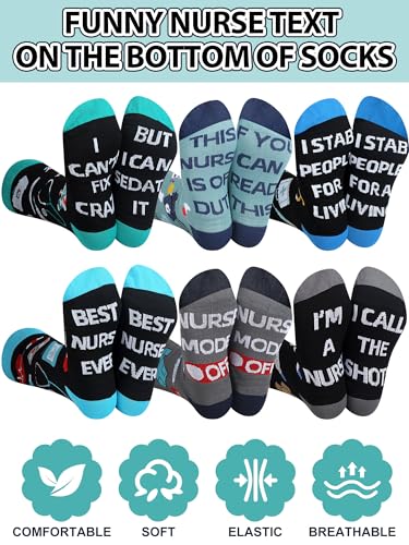 6 Pairs Novelty Nurse Socks for Men Funny Compression Cotton Crew Socks Nursing Week Gift for Nurses Medical Worker Dental Assistant2