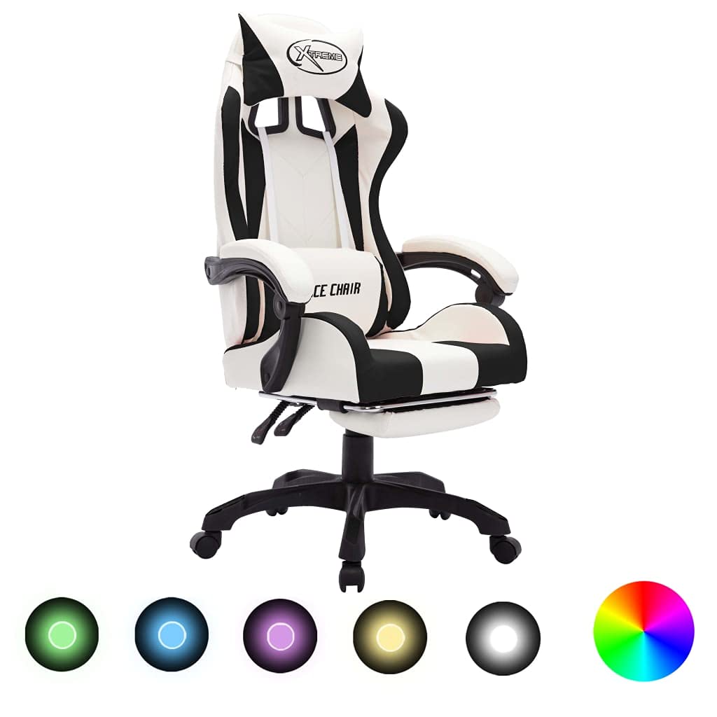vidaXL Silla Gaming con Luces LED RGB Giratoria Asiento Sillón Escritorio Videojuegos Oficina Despacho Ordenador Cuero Sintético Negro y Blanco
