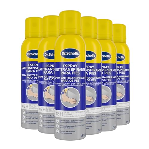 Dr. Scholl’s Desodorante para Pies, 150ml - Neutraliza el Olor hasta por 48 Horas, Frescura Duradera, Fórmula de Doble Acción, Spray para Pies con Mal Olor, Testado Dermatológicamente, sudor 6x150ml