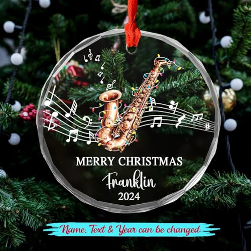 Personalized Alto Sax Glass Christmas Ornament 2025, Customized Year & Text/Name Alto Sax Xmas Ornament Gift for Men Women Alto Sax Player, Unique Alto Sax Glass Xmas Ornament, Alto Sax Ornament Xmas