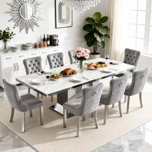 Image of 9-Piece Extendable Dining Table Set for 8, 63-94.5 inch Faux Marble Kitchen Table Set with 8 Blue Tufted Chairs, Large Expandable Dining Room Table for 6 8 10 with Silver Mirrored U-Shape Base