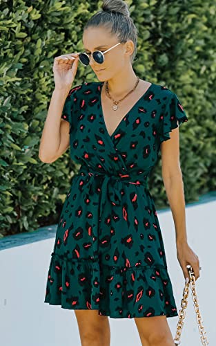 Angashion Women's Floral Dress Casual Ruffle Short Sleeve V Neck Women Dot High Waist Beach Mini Dresses With Belt Dark Green Medium #TOP4