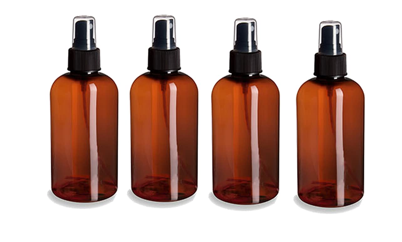 Natural Farms 4 Pack - 4 oz Empty Squeeze Plastic Bottle - Amber Boston with Black Atomizer - for Essential Oils, Perfumes, Cleaning Products - Made in the USA