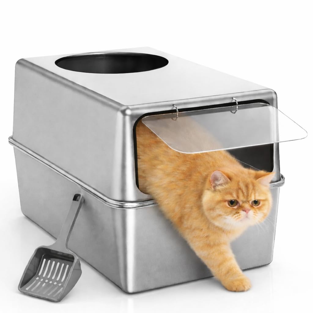 Zarler Enclosed Stainless Steel Litter Box, Large Full Steel Cat Litter Box, High Sides, Dual Entry, 23.6" x 15.7" x 14"