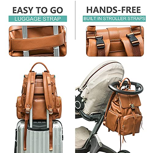 Mominside Diaper Bag Backpack, Leather Backpack For Women, Travel Baby Bag With 14 Pockets, Baby Registry Search, Large Capacity, Wet Dry Bag, Changing Pad, 4 Insulated Pockets (Brown) #TOP4