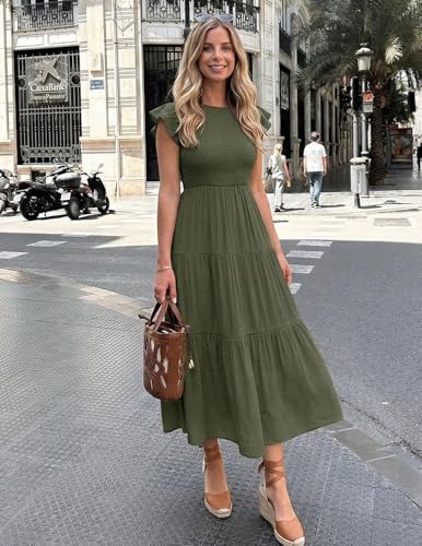 Image of ZESICA Women's 2026 Summer Casual Flutter Short Sleeve Smocked Midi Dress