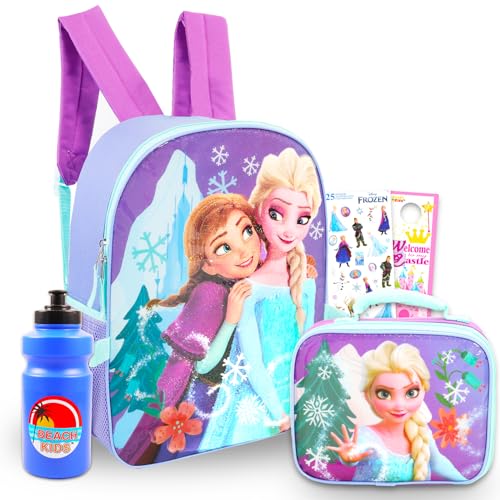 Disney Conjunto de mochila e lancheira Frozen – Pacote com bolsa escolar Elsa e Anna de 40,6 cm, lancheira, garrafa de água, adesivos, mais | Mochila e lancheira Frozen, Multicor, Frozen Backpack and