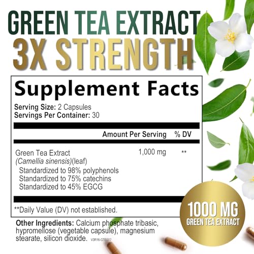 Green Tea Extract Capsules 1000mg - 98% Polyphenols & 45% EGCG for Heart Support with Antioxidants - 3X Absorption Green Tea Pills Supplement for Natural Energy, Gentle Caffeine - 60 Capsules - Thumbnail 2