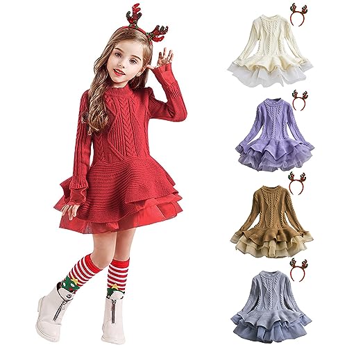 Kids Toddler Baby Girls Sweater Dress Crochet Christmas Xmas Sweater Knit Dress + Hairband Fall Clothes Winter2