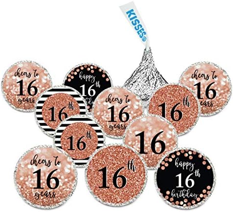Andaz Press Glitzy Faux Rose Gold Glitter Milestone Chocolate Drop Labels, Cheers to 16 Years, Sweet 16 16th Birthday or Anniversary, 240-Pack, Not Real Glitter, Kisses Party Favors