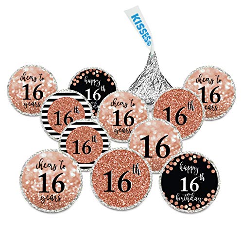 Andaz Press Glitzy Faux Rose Gold Glitter Milestone Chocolate Drop Labels, Cheers to 16 Years, Sweet 16 16th Birthday or Anniversary, 240-Pack, Not Real Glitter, Kisses Party Favors