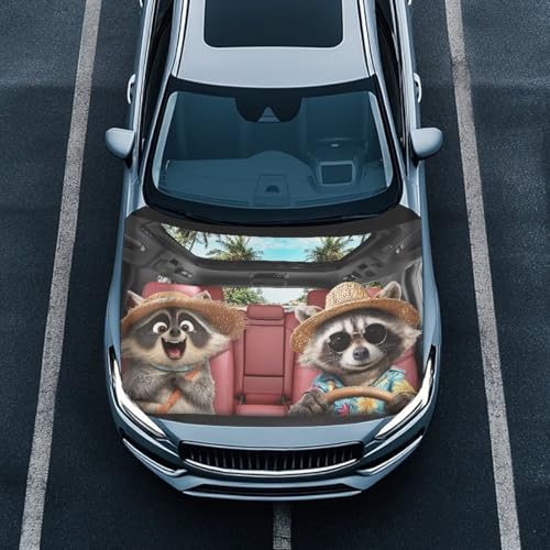 Image of Cute Small Raccoon Car Hood Cover Polyester Elastic Fabrics Washable Suitable for Large SUV and Pickup Trucks 39x59in