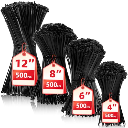Image of Zip Ties Assorted Sizes(4 inch+6 inch+8 inch+12 inch), 2000 Pack,Black Cable Ties,Multi-Purpose Self-Locking Nylon Cable Cord Management,Plastic Wire Ties for indoor and outdoor use.