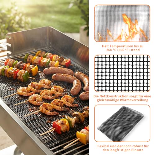 5 Stück 40 x 30cm Antihaft BBQ Grillmatte Für Gasgrill mit Silikon Backpinsel, Grillmatten Für Airfryer Wiederverwendbar Teflon Backmatte, Grill Gitter für Holzkohle, Heißluftfritteuse, Kohlegrill