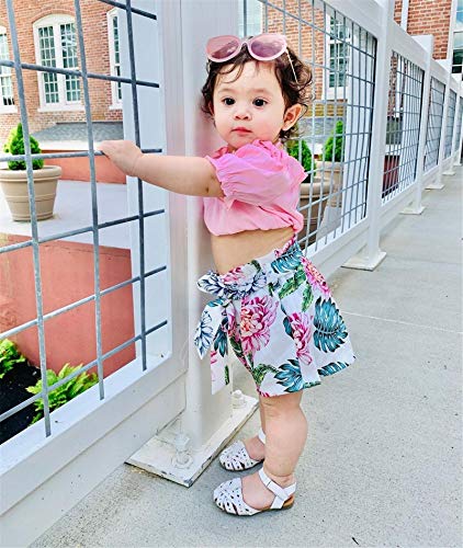 Toddler Baby Girl Ruffle Floral Polka Dot T-Shirt Tops+Shorts Pants with Bowknot Belt 2Pcs Summer Outfits Clothes (Pink,12-18 Months)