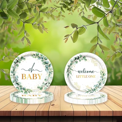 Image of 50Pcs Baby Shower Paper Plates 7 inch Sage Green Oh Baby Party Supplies