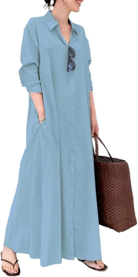 Womens Long Sleeve Cotton Linen Maxi Shirt Dress Plus Size Casual Loose Lapel Button Down Long Dress with Pockets