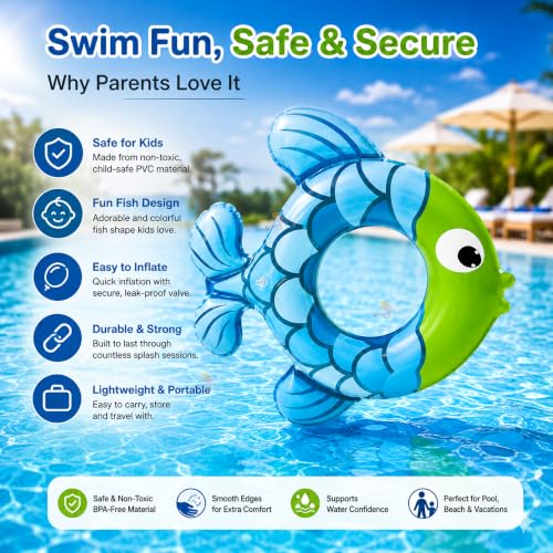 Image of Koochie-Koo Kids Fish Swimming Tube for Kids Inflatable Swim Ring for Boys & Girls Leak-Proof Baby Float for Pool Beach Water Fun, Lightweight & Durable Swim Tube (Random Colour)