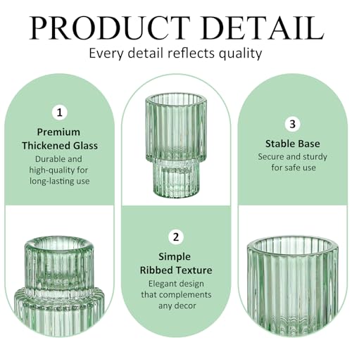 Turvono ヴィンテージリブグリーンガラスキャンドルホルダー12個セット、3つのサイズのピラー、ティーライト&ボーティブホルダー、エレガントなグリーンキャンドルスティックホルダー テーブルセンターピース&棚の装飾用 [5]