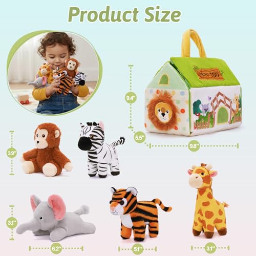 Image of Mini Zoo Stuffed Animals Set - 5 Soft Safari Animals with Carry House 9.8 inch | Ultra-Soft, Safe, Travel-friendly, Educational, Gift Ready