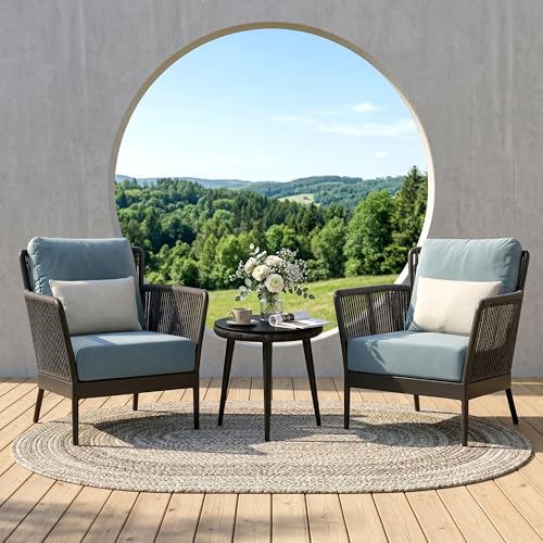 Image of BRISHI Garden Patio Seating Chair and Table Set Outdoor Balcony Garden Coffee Table Set Furniture with 1 Table and 2 Chairs Set with Cushion Braid & Rope (Grey /Blue)