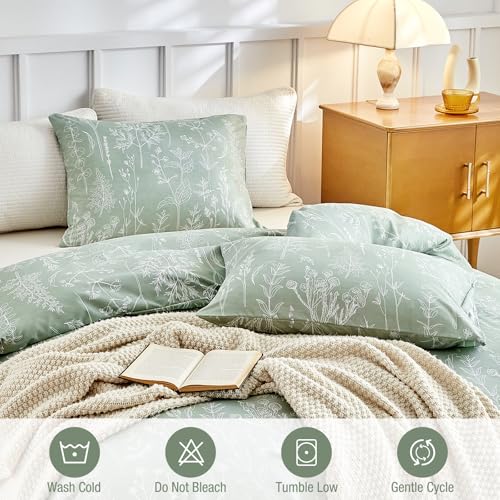 Image of Lekesky Floral Duvet Cover King Size, Sage Green Duvet Cover King Plant Flowers Pattern Bedding Set for All Season, Soft Breathable Duvet Cover with Zipper Closure & Corner Ties