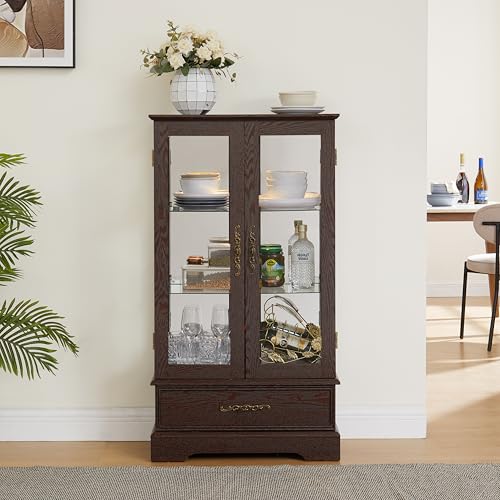Image of 47 inch H Lighted Curio Cabinet Display Case, Glass Case with Adjustable Shelves,Tempered Glass Door and Drawer, Wooden Curio Cabinet with Mirrored Back Pane for Living Room (Dark Cherry)