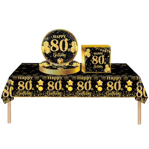 COSORO 37 peças conjunto de ouro preto festa decoração de aniversário para 80 anos, toalhas de mesa bandejas e guardanapos festa louça de aniversário festas decoração de mesa para 80 anos homens e