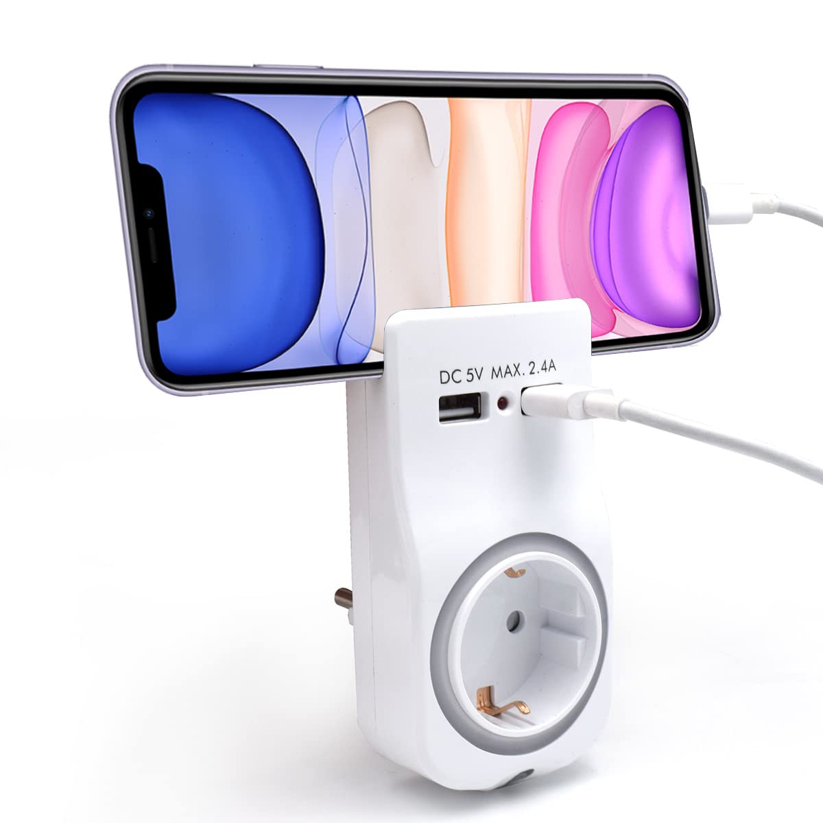 WY13030 - Adaptateur mural 1 prise Schuko 16A avec veilleuse, support pour Smartphone/ Tablette, 2 ports USB et indicateur LED Blanc
