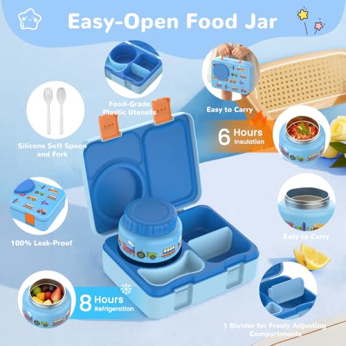 Image of Bento Box for Kids, Leakproof Kids Lunch Box with 8.5OZ Thermo Food Jar & Lunch Bag, 3-4 Compartments Toddler Insulated Lunch Box for Boys, BPA Free Lunch Containers for School Daycare