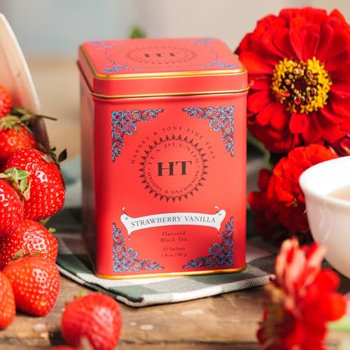 Image of Harney & Sons HT Strawberry Vanilla Black Tea, 20 Sachets in Tin | Black tea with strawberry and vanilla flavors for a smooth, fruity cup. Contains caffeine.