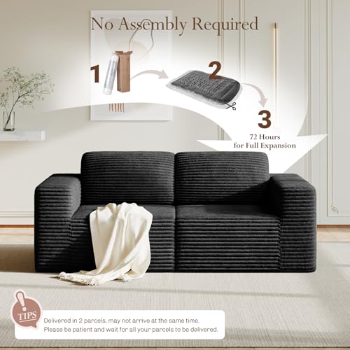 Image of Vesgantti 80 inch Modular Sectional Sofa, Corduroy Cloud Couch with Deep Seating & Spring Support, 2 Seater Compact Modular Couch, Boneless Sectional Sofa for Small Spaces, No Assembly Required, Black