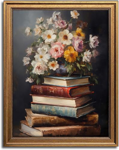 Aroutde Gold Framed Vintage Florals Wall Art Retro Flowers and Book Canvas Printing Dark Wildflowers Wall Decor for Living Room Bedroom Home Bathroom (16L''x12W'', Framed)