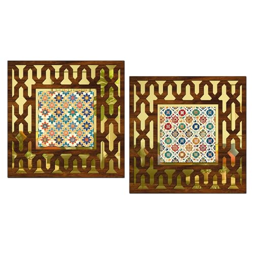 Image of Wooden Pattern Mirror Wall Decor Panel for Home Decor Living Room Bed Room Office (AD8, 12X12 Inches, Set of 2)