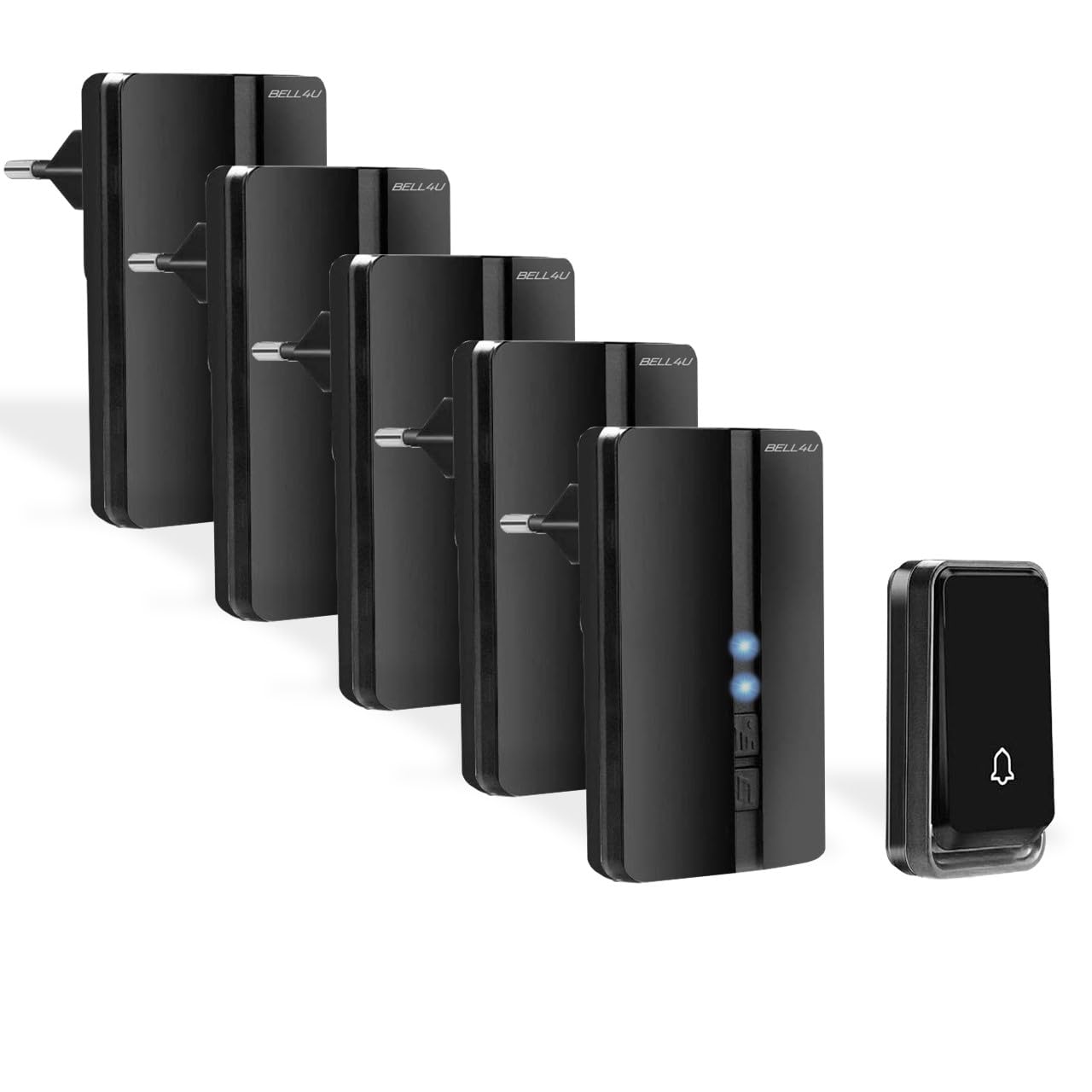Timbre Inalámbrico 5 Receptor IP65 Impermeable 100m Timbre Inalámbrico Exterior, 4 Niveles de Volumen (0-110dB) y 51 Melodías para Hogar. No Necesita Batería