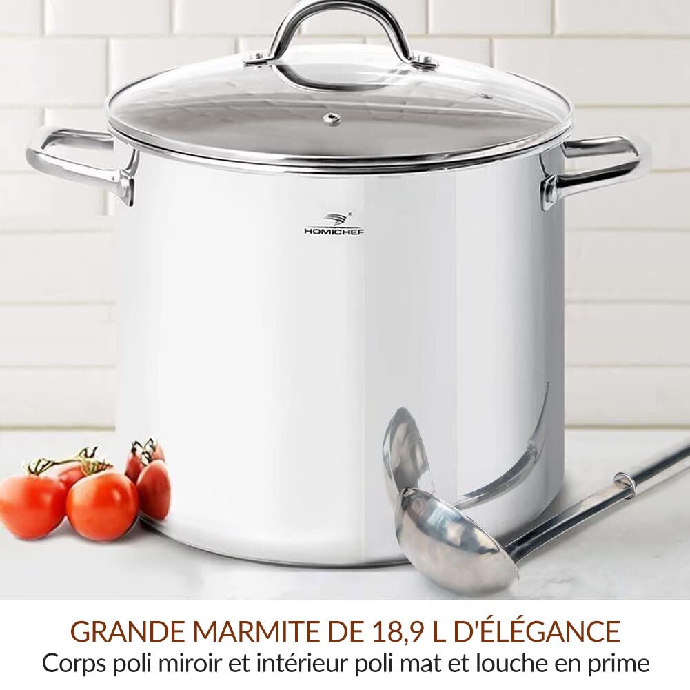 HOMICHEF Grande marmite en acier inoxydable sans nickel avec couvercle (31 cm, 18,9 L) - Marmite lourde polie miroir pour une cuisine saine