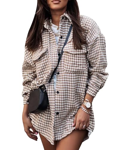 Arssm Chaqueta a cuadros para mujer, manga larga, con botones, de franela de pata de gallo, estilo casual (caqui, L), Caqui, Large