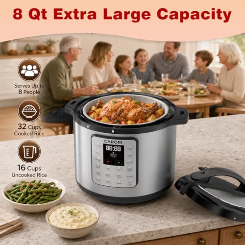 Image of Silver 8 Quart Pressure Cooker, 1200W Multi-Function Cooker with Saute, Steam, Yogurt & Sterilize Functions Dishwasher Safe & Secure Venting.