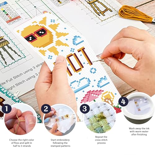 Image of FREEBLOSS 6 Set Cross Stitch Bookmark Kits for Beginner Cartoon Summer Stamped Cross Stitch Kit DIY Embroidery Bookmark Kit with Instructions 8'' x 2.4''