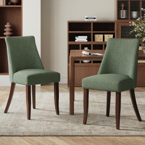 COLAMY Dining Chairs Set of 2, Mid Century Upholstered Kitchen Chairs with Back, Fabric Side Dining Room Chairs with Wood Legs for Dining Room Restaurant, Green