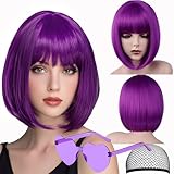 VCAY Bob Wig, 12 Inch Short Purple Bob Wig with Bangs,Straight Cosplay Wig,Heat Resistant,Adjustable Straps Wigs for Women Girl with Wig Cap