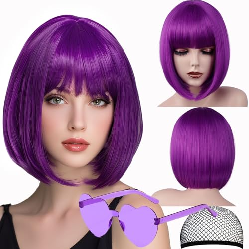 VCAY Bob Wig 12 Inch Short Purple Bob Wig with Bangs Straight Cosplay Wig Heat Resistant Adjustable Straps Wigs for Women Girl with Wig Cap