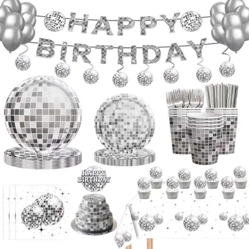 155PCS Disco Party Decorations Black Silver Disco Paper Plates Napkins Banner Tablecloth And Balloons Dessert Tableware Set Hip Hop Birthday Party SuppliesTableware 20 Guests