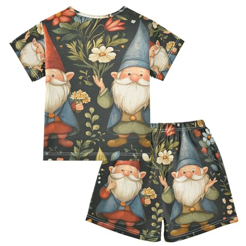 Cartoon Flowers Gnomes Floral Summer Short Pajamas Set 2 Piece Cotton Sleepwear, 5-14 Years2