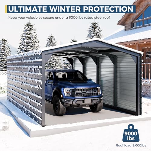 Image of Military-Grade Metal Carport 12x20 FT, Heavy Duty Garage 2-Sided Enclosure | 2x2 inch Steel Poles with Powder Coating, 17-Gauge Walls,100 PSF Snow Load Roof, Hurricane Resistant, Pickup, Truck, Black
