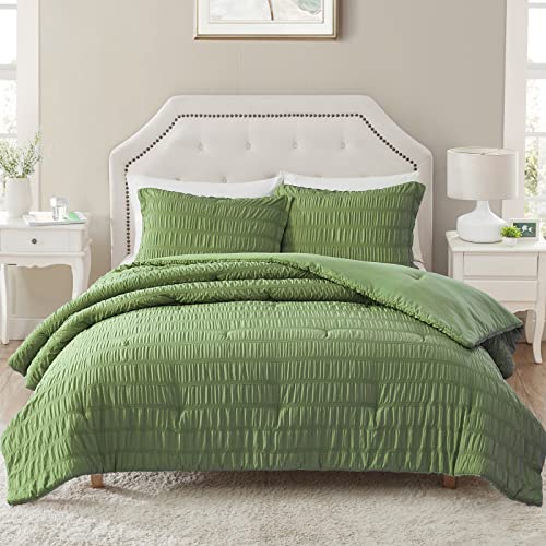 Walensee King Seersucker Comforter Set 100% Polyester Soft Washable Microfiber Bed Comforters With 2 Pillowshams, Lightweight Cozy Bedding Comforter Sets For All Season 3 Pieces 104"X90", Olive Green #TOP5