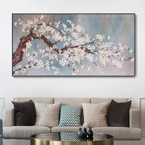 Art mural Prune en fleurs grande peinture toile arbres rose 100x175cm